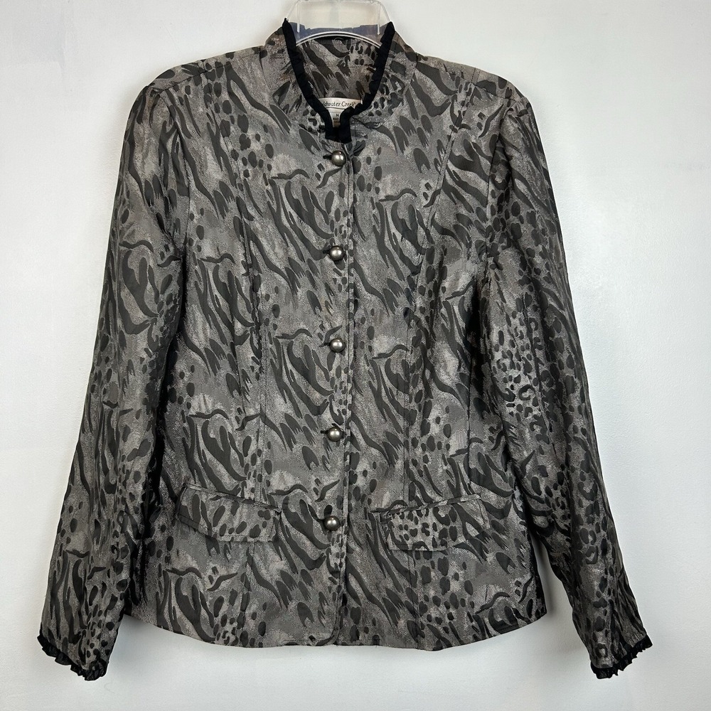 Coldwater Creek Blazer Women M  Black Gray Animal Button Front Lined Jacket Read